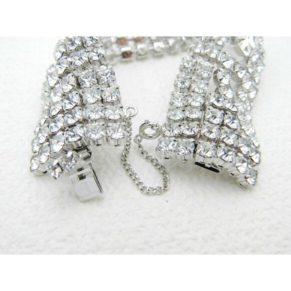 Vintage Art Deco Style Rhodium Silver Tone Clear CZ Rhinestone Wide Bracelet (D) - Picture 6 of 7